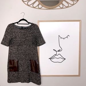 Tibi Tweed Soft Virgin Wool + Leather Pockets Shift Dress - Small